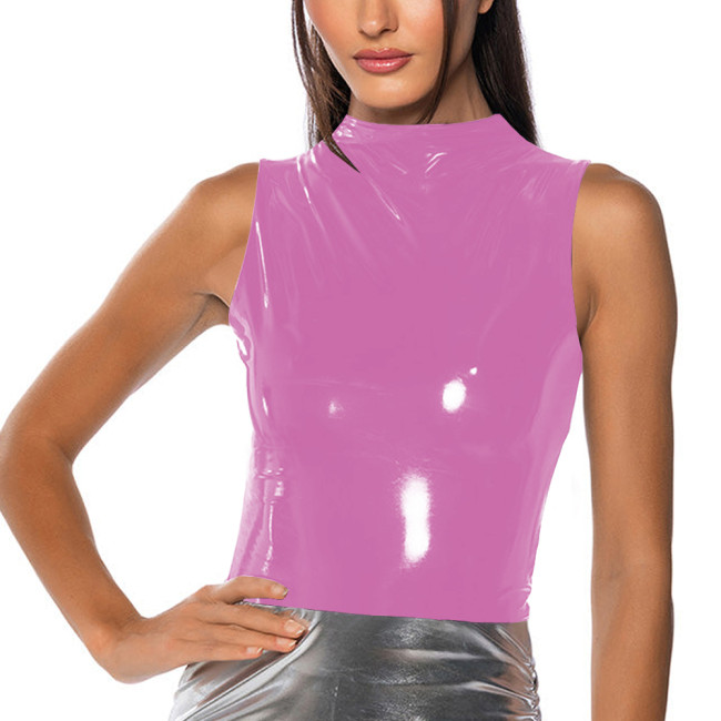 Mock Neck Vinyl Tank T-shirts Fashion sexy Glossy PVC Leather Slim Fit Tops Women Zipper Wet Look Top Vest Sleeveless Clubwear