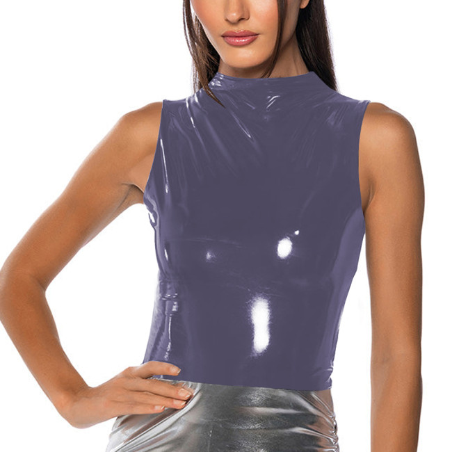 Mock Neck Vinyl Tank T-shirts Fashion sexy Glossy PVC Leather Slim Fit Tops Women Zipper Wet Look Top Vest Sleeveless Clubwear