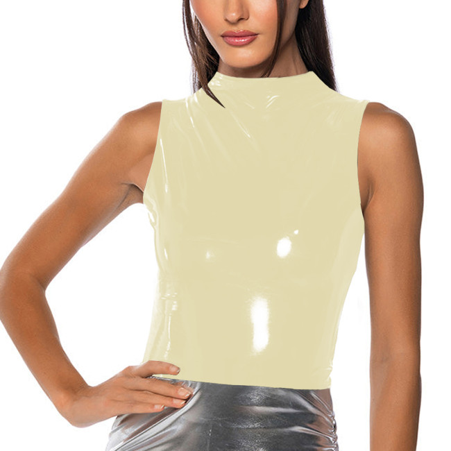 Mock Neck Vinyl Tank T-shirts Fashion sexy Glossy PVC Leather Slim Fit Tops Women Zipper Wet Look Top Vest Sleeveless Clubwear