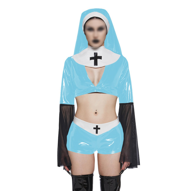 Copy Naughty Sexy Nun Cosplay Dress Outfits Flared Long Sleeve Tight Mini Dress with Headscarf Halloween Party Fancy Sister Nun Dress