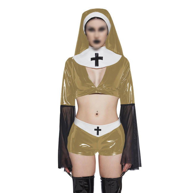 Copy Naughty Sexy Nun Cosplay Dress Outfits Flared Long Sleeve Tight Mini Dress with Headscarf Halloween Party Fancy Sister Nun Dress