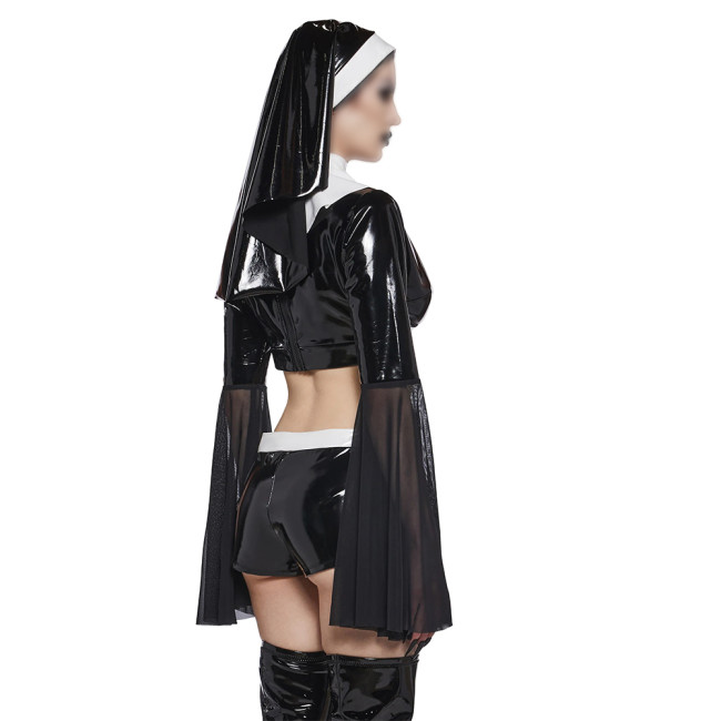Copy Naughty Sexy Nun Cosplay Dress Outfits Flared Long Sleeve Tight Mini Dress with Headscarf Halloween Party Fancy Sister Nun Dress