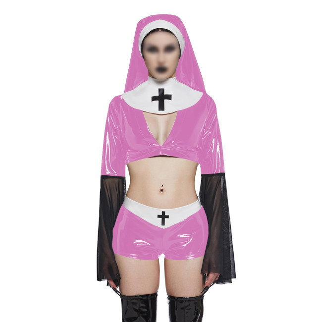 Copy Naughty Sexy Nun Cosplay Dress Outfits Flared Long Sleeve Tight Mini Dress with Headscarf Halloween Party Fancy Sister Nun Dress