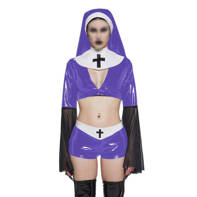 Copy Naughty Sexy Nun Cosplay Dress Outfits Flared Long Sleeve Tight Mini Dress with Headscarf Halloween Party Fancy Sister Nun Dress