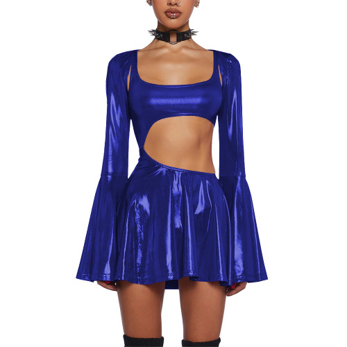 Women's Liquid Metallic Mini Dress with Shrug Tops Shiny Flared Long Sleeve Cut Out A-Line Dresses Club Party Female Streetwear