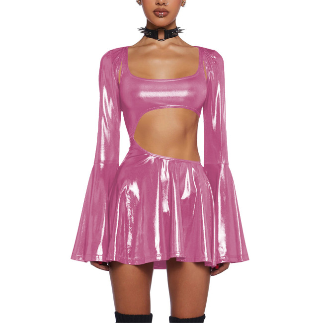 Women's Liquid Metallic Mini Dress with Shrug Tops Shiny Flared Long Sleeve Cut Out A-Line Dresses Club Party Female Streetwear