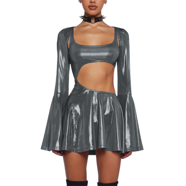 Women's Liquid Metallic Mini Dress with Shrug Tops Shiny Flared Long Sleeve Cut Out A-Line Dresses Club Party Female Streetwear