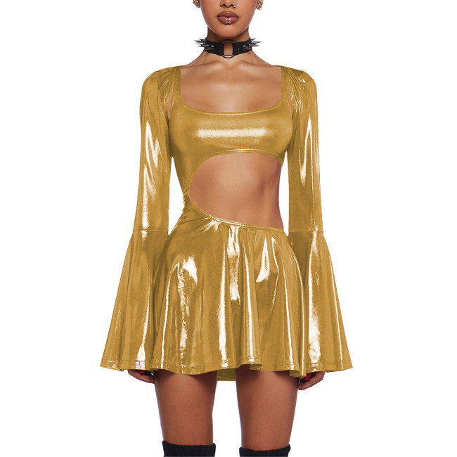 Women's Liquid Metallic Mini Dress with Shrug Tops Shiny Flared Long Sleeve Cut Out A-Line Dresses Club Party Female Streetwear