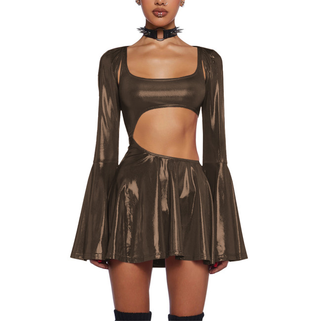 Women's Liquid Metallic Mini Dress with Shrug Tops Shiny Flared Long Sleeve Cut Out A-Line Dresses Club Party Female Streetwear