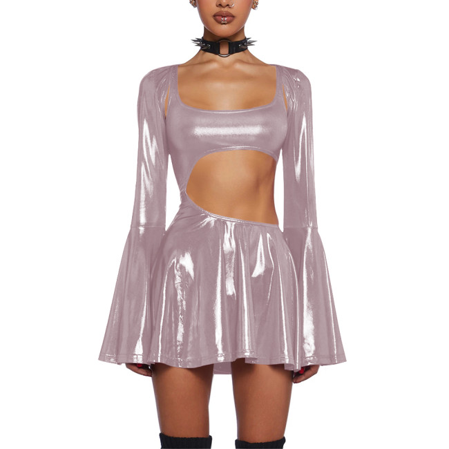 Women's Liquid Metallic Mini Dress with Shrug Tops Shiny Flared Long Sleeve Cut Out A-Line Dresses Club Party Female Streetwear