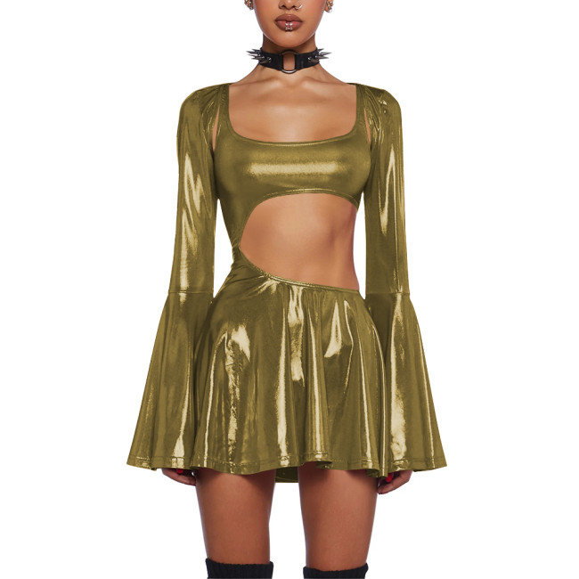 Women's Liquid Metallic Mini Dress with Shrug Tops Shiny Flared Long Sleeve Cut Out A-Line Dresses Club Party Female Streetwear