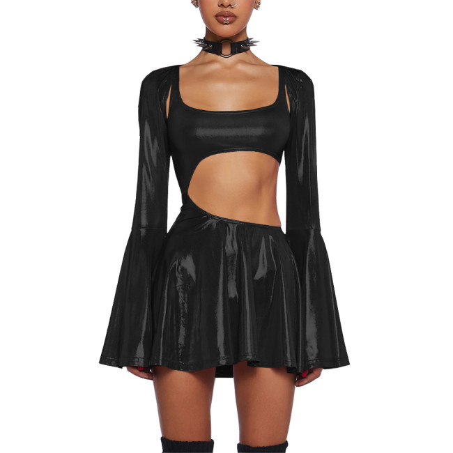 Women's Liquid Metallic Mini Dress with Shrug Tops Shiny Flared Long Sleeve Cut Out A-Line Dresses Club Party Female Streetwear