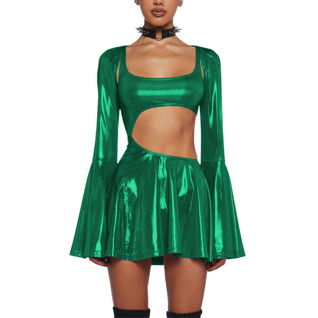 Women's Liquid Metallic Mini Dress with Shrug Tops Shiny Flared Long Sleeve Cut Out A-Line Dresses Club Party Female Streetwear