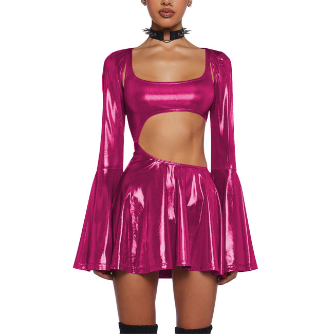 Women's Liquid Metallic Mini Dress with Shrug Tops Shiny Flared Long Sleeve Cut Out A-Line Dresses Club Party Female Streetwear