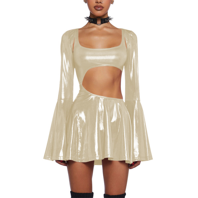 Women's Liquid Metallic Mini Dress with Shrug Tops Shiny Flared Long Sleeve Cut Out A-Line Dresses Club Party Female Streetwear