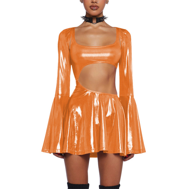 Women's Liquid Metallic Mini Dress with Shrug Tops Shiny Flared Long Sleeve Cut Out A-Line Dresses Club Party Female Streetwear