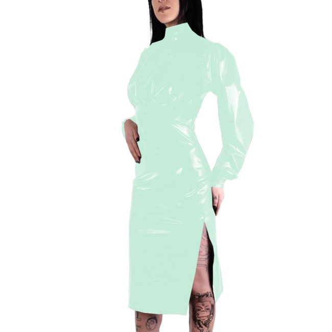 Elegant Coctail Party Midi Dress for Womens Turtleneck Long Sleeve High Waist PVC Leather Dress Wetlook Patent Leather Costume