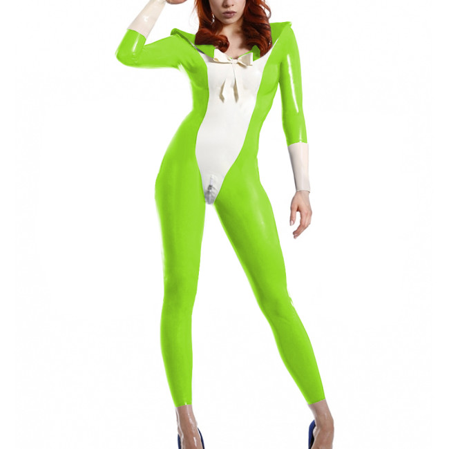 Womens Sailor Cosplay Catsuit Long Sleeve Sailor Collar Patchwork Jumpsuit Adult Party Role Play Jumpsuit PVC Wetlook Bodysuit
