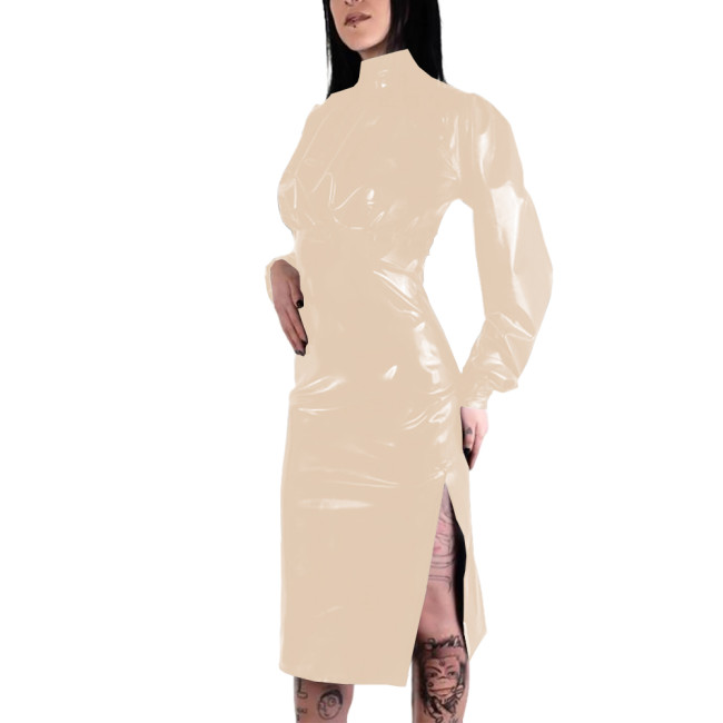 Elegant Coctail Party Midi Dress for Womens Turtleneck Long Sleeve High Waist PVC Leather Dress Wetlook Patent Leather Costume