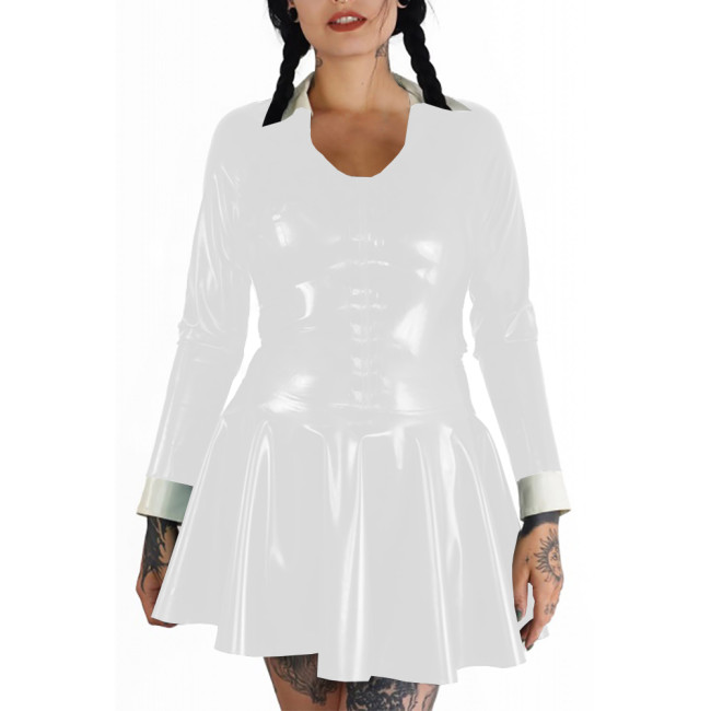 Plus Size Punk Wetlook Slim and Flared Dress Womens Long Sleeve Mini Dress Gothic Party Club Outfits Shiny PVC Leather Vestidos