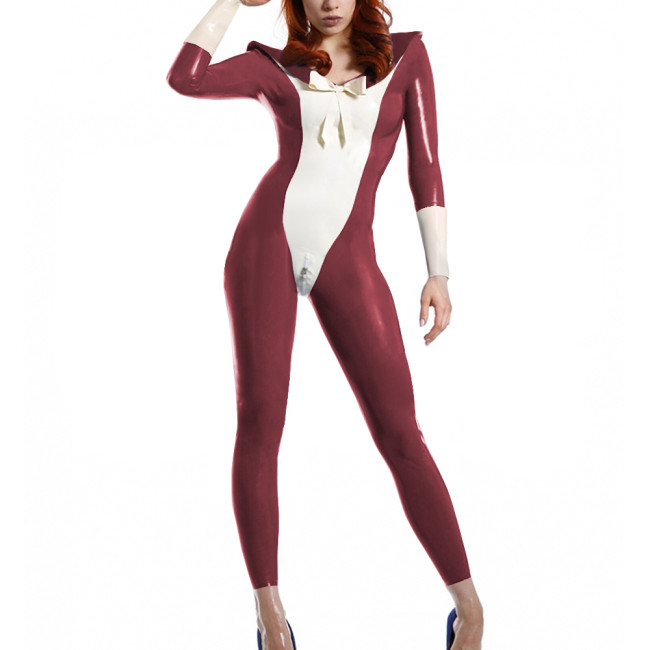 Womens Sailor Cosplay Catsuit Long Sleeve Sailor Collar Patchwork Jumpsuit Adult Party Role Play Jumpsuit PVC Wetlook Bodysuit