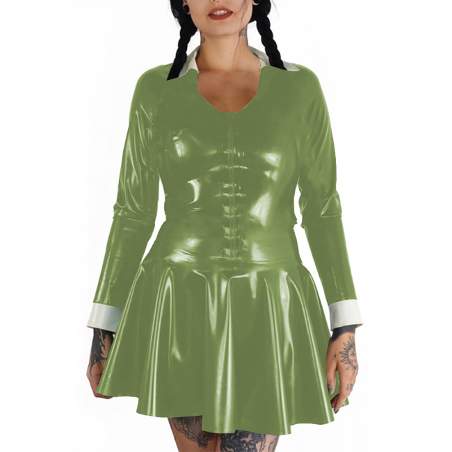 Plus Size Punk Wetlook Slim and Flared Dress Womens Long Sleeve Mini Dress Gothic Party Club Outfits Shiny PVC Leather Vestidos