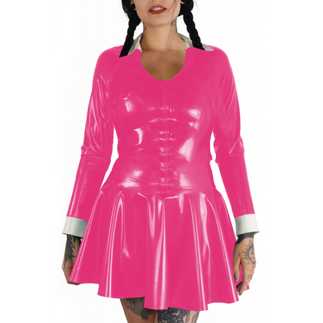 Plus Size Punk Wetlook Slim and Flared Dress Womens Long Sleeve Mini Dress Gothic Party Club Outfits Shiny PVC Leather Vestidos