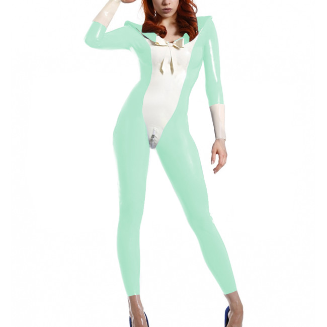 Womens Sailor Cosplay Catsuit Long Sleeve Sailor Collar Patchwork Jumpsuit Adult Party Role Play Jumpsuit PVC Wetlook Bodysuit