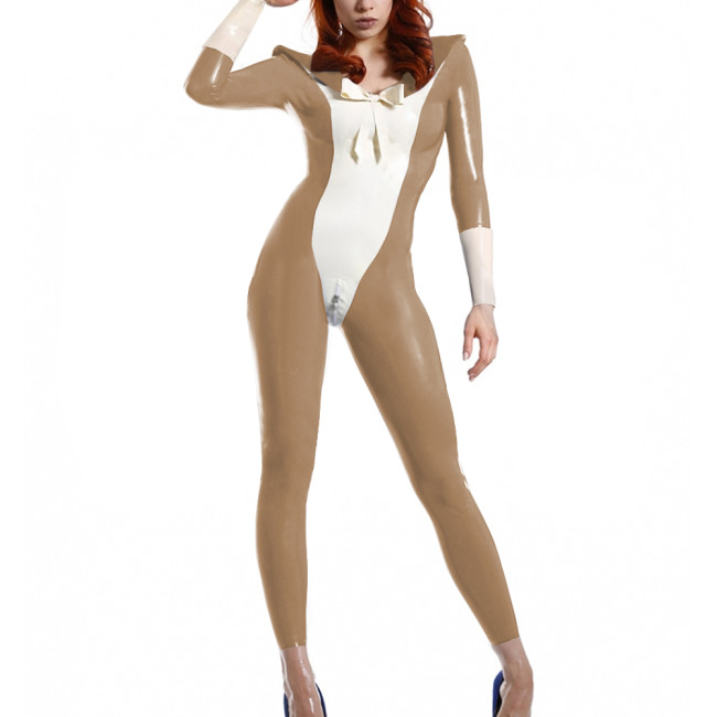 Womens Sailor Cosplay Catsuit Long Sleeve Sailor Collar Patchwork Jumpsuit Adult Party Role Play Jumpsuit PVC Wetlook Bodysuit