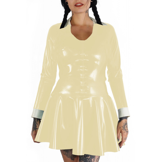 Plus Size Punk Wetlook Slim and Flared Dress Womens Long Sleeve Mini Dress Gothic Party Club Outfits Shiny PVC Leather Vestidos