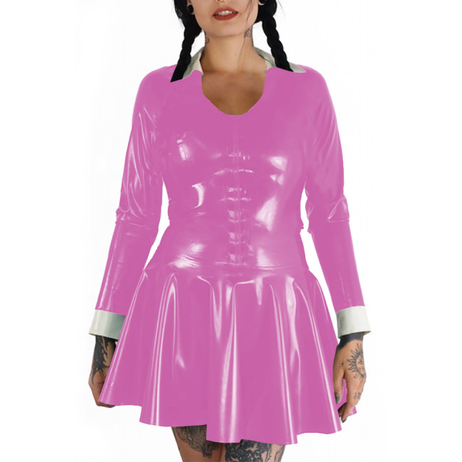 Plus Size Punk Wetlook Slim and Flared Dress Womens Long Sleeve Mini Dress Gothic Party Club Outfits Shiny PVC Leather Vestidos