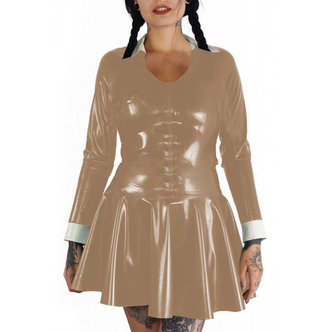 Plus Size Punk Wetlook Slim and Flared Dress Womens Long Sleeve Mini Dress Gothic Party Club Outfits Shiny PVC Leather Vestidos
