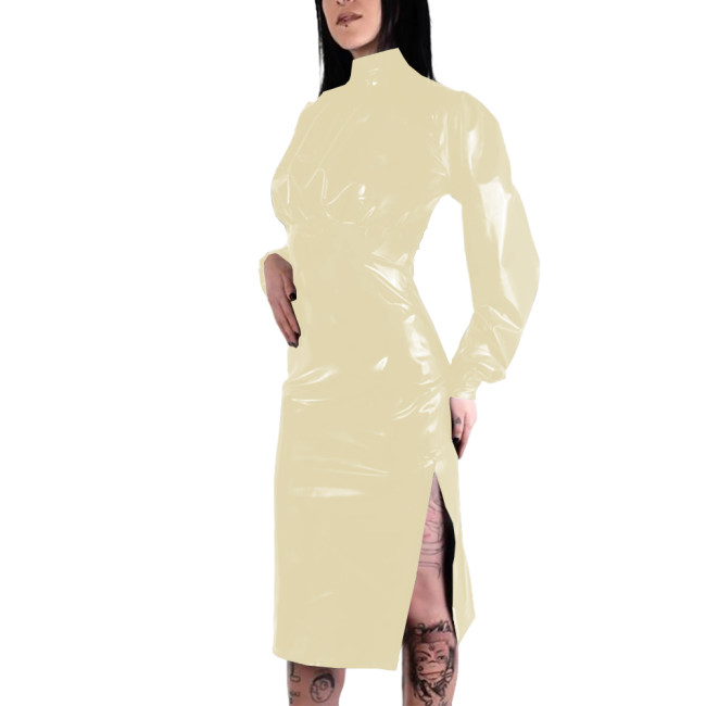 Elegant Coctail Party Midi Dress for Womens Turtleneck Long Sleeve High Waist PVC Leather Dress Wetlook Patent Leather Costume