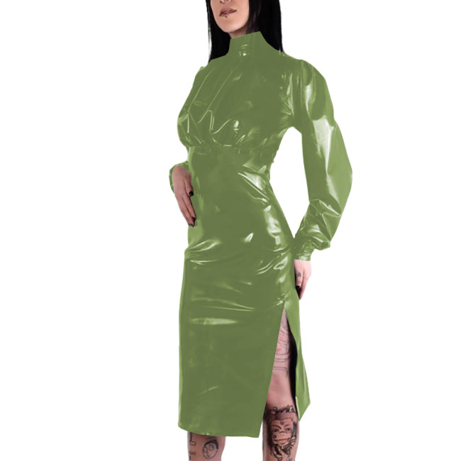 Elegant Coctail Party Midi Dress for Womens Turtleneck Long Sleeve High Waist PVC Leather Dress Wetlook Patent Leather Costume