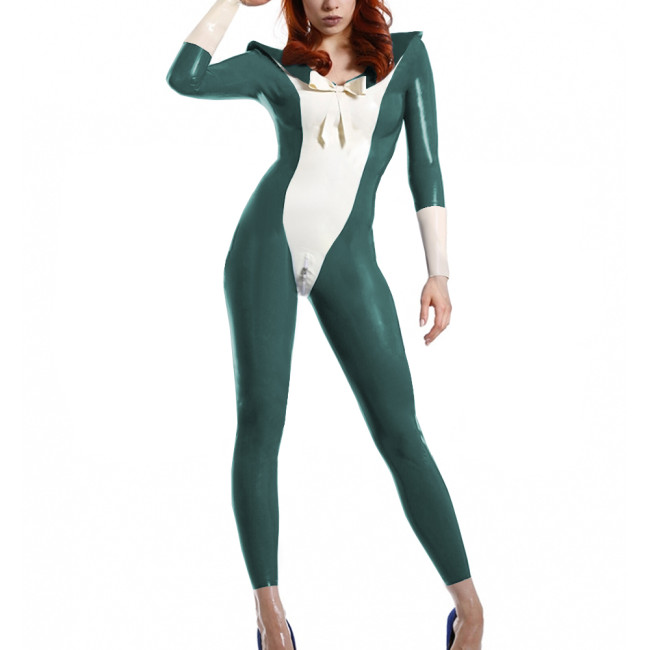 Womens Sailor Cosplay Catsuit Long Sleeve Sailor Collar Patchwork Jumpsuit Adult Party Role Play Jumpsuit PVC Wetlook Bodysuit