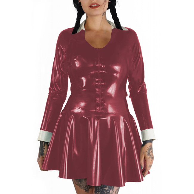 Plus Size Punk Wetlook Slim and Flared Dress Womens Long Sleeve Mini Dress Gothic Party Club Outfits Shiny PVC Leather Vestidos