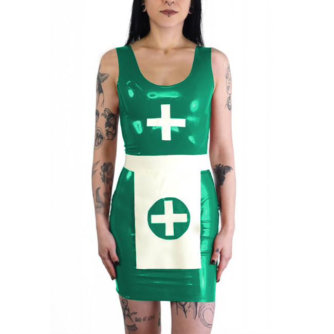 Wetlook Nun Cosplay Dress with Apron Cross Dresser PVC Shiny Leather Sleeveless Mini Dress Set Halloween Party Role Play Outfit