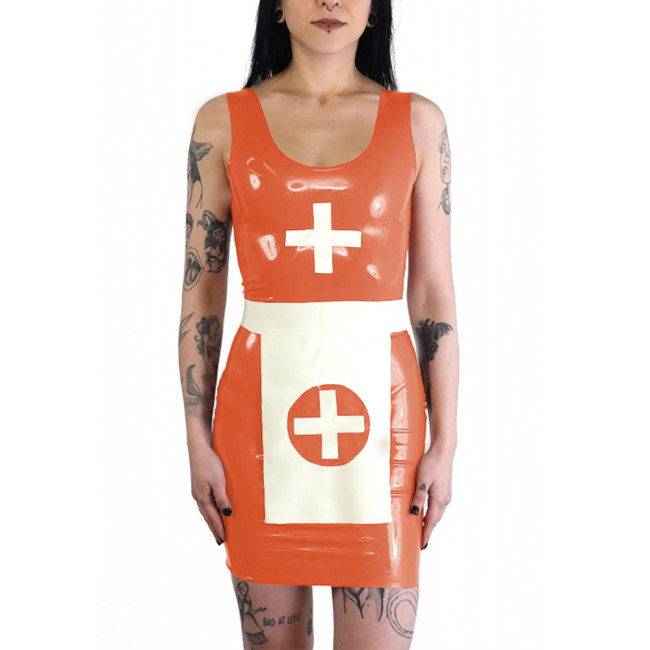 Wetlook Nun Cosplay Dress with Apron Cross Dresser PVC Shiny Leather Sleeveless Mini Dress Set Halloween Party Role Play Outfit