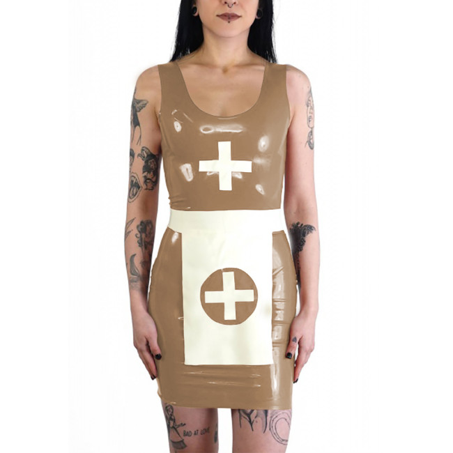 Wetlook Nun Cosplay Dress with Apron Cross Dresser PVC Shiny Leather Sleeveless Mini Dress Set Halloween Party Role Play Outfit