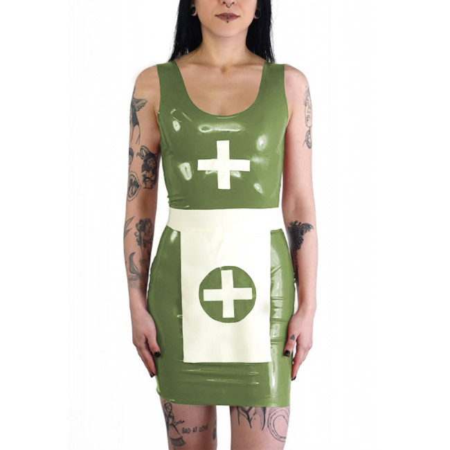 Wetlook Nun Cosplay Dress with Apron Cross Dresser PVC Shiny Leather Sleeveless Mini Dress Set Halloween Party Role Play Outfit