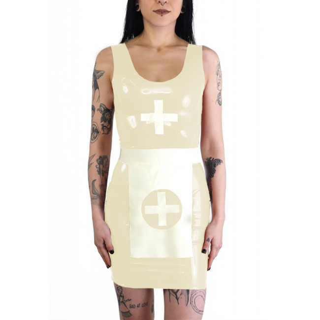 Wetlook Nun Cosplay Dress with Apron Cross Dresser PVC Shiny Leather Sleeveless Mini Dress Set Halloween Party Role Play Outfit