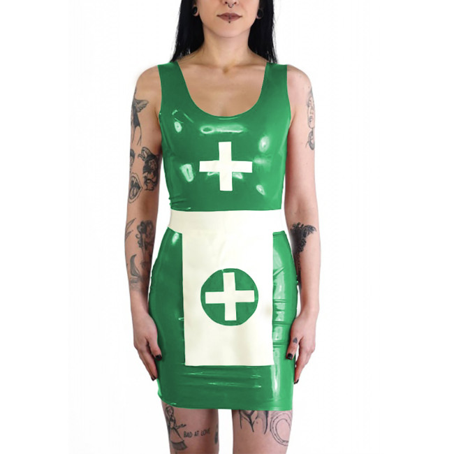 Wetlook Nun Cosplay Dress with Apron Cross Dresser PVC Shiny Leather Sleeveless Mini Dress Set Halloween Party Role Play Outfit
