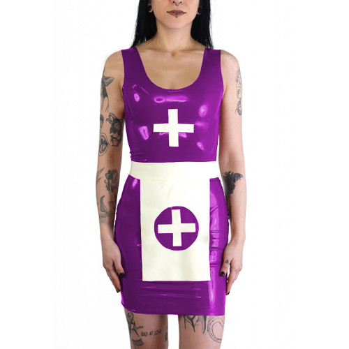 Wetlook Nun Cosplay Dress with Apron Cross Dresser PVC Shiny Leather Sleeveless Mini Dress Set Halloween Party Role Play Outfit