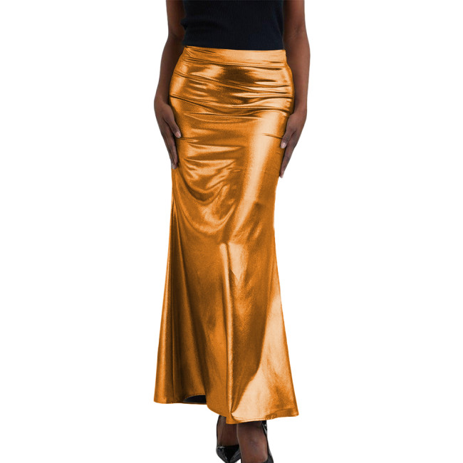 High Waist Mermaid Shiny Metallic Skirt Womens Raves Party Draped Fishtail Skirts Elegant Ladies Solid Color Pleated Wrap Skirt