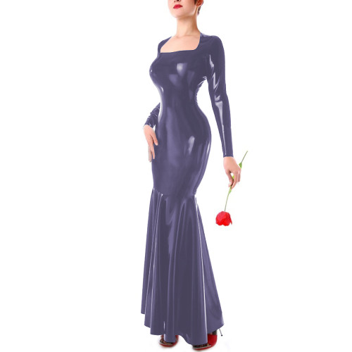 Party Shiny Square Collar Long Sleeve Dresses Elegant Mermaid Bodycon PVC Leather Long Dresses Cocktail Party Maxi Gown Vestidos