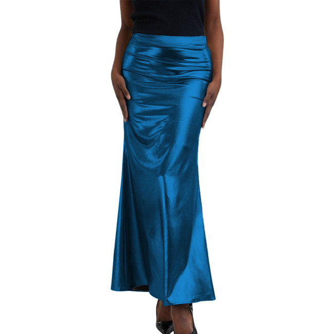 High Waist Mermaid Shiny Metallic Skirt Womens Raves Party Draped Fishtail Skirts Elegant Ladies Solid Color Pleated Wrap Skirt