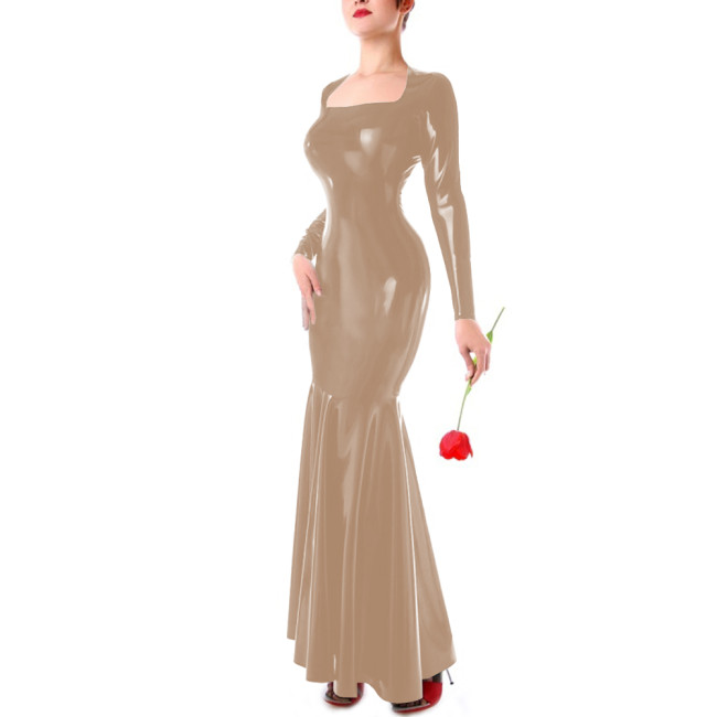 Party Shiny Square Collar Long Sleeve Dresses Elegant Mermaid Bodycon PVC Leather Long Dresses Cocktail Party Maxi Gown Vestidos