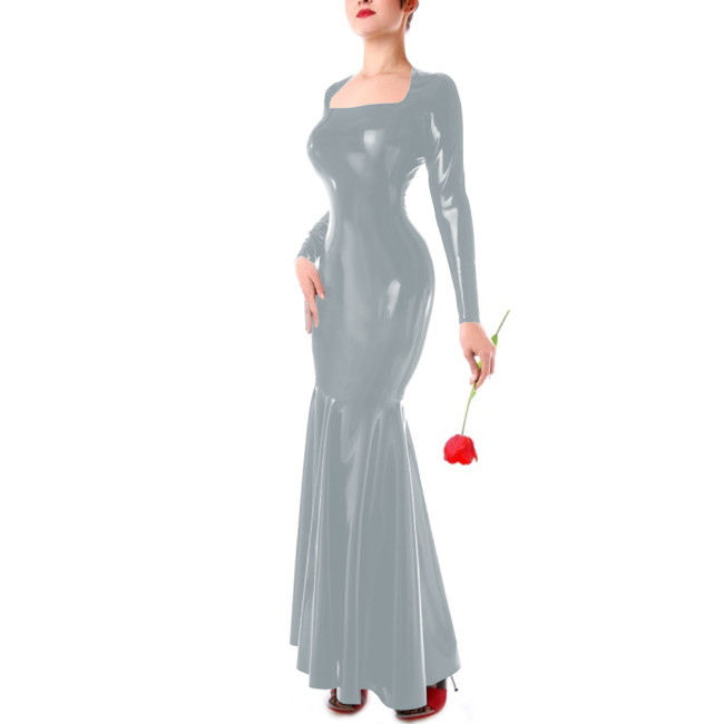 Party Shiny Square Collar Long Sleeve Dresses Elegant Mermaid Bodycon PVC Leather Long Dresses Cocktail Party Maxi Gown Vestidos