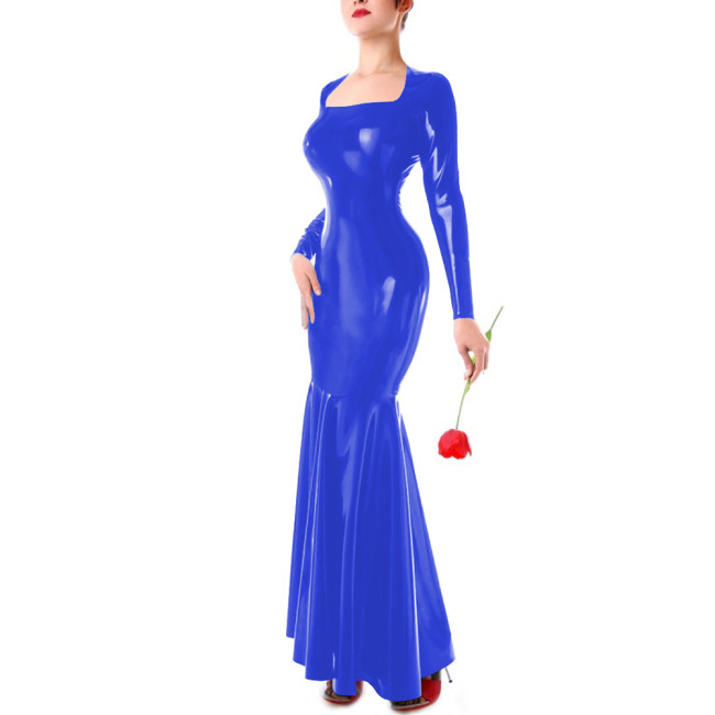 Party Shiny Square Collar Long Sleeve Dresses Elegant Mermaid Bodycon PVC Leather Long Dresses Cocktail Party Maxi Gown Vestidos