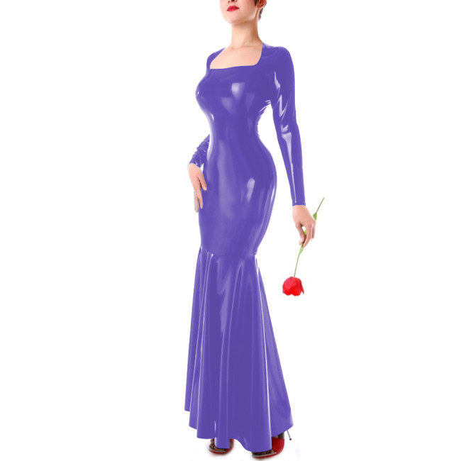 Party Shiny Square Collar Long Sleeve Dresses Elegant Mermaid Bodycon PVC Leather Long Dresses Cocktail Party Maxi Gown Vestidos
